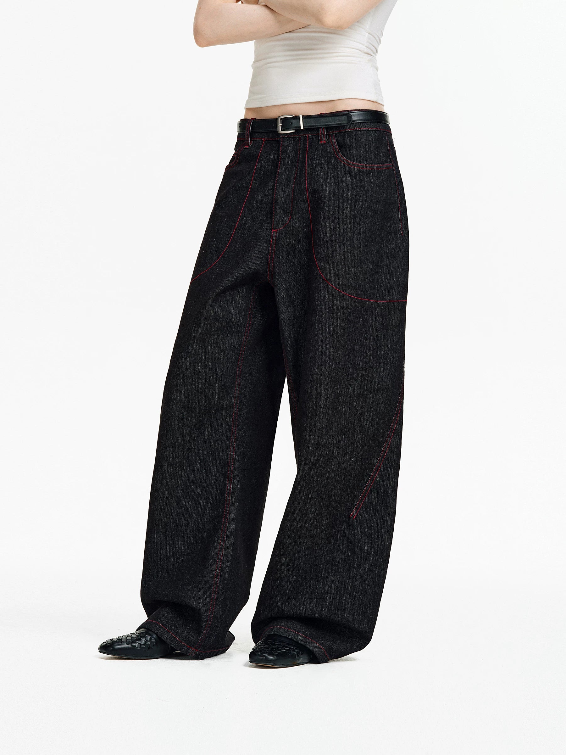 Contrast Stitch Wide-Leg Denim Jeans