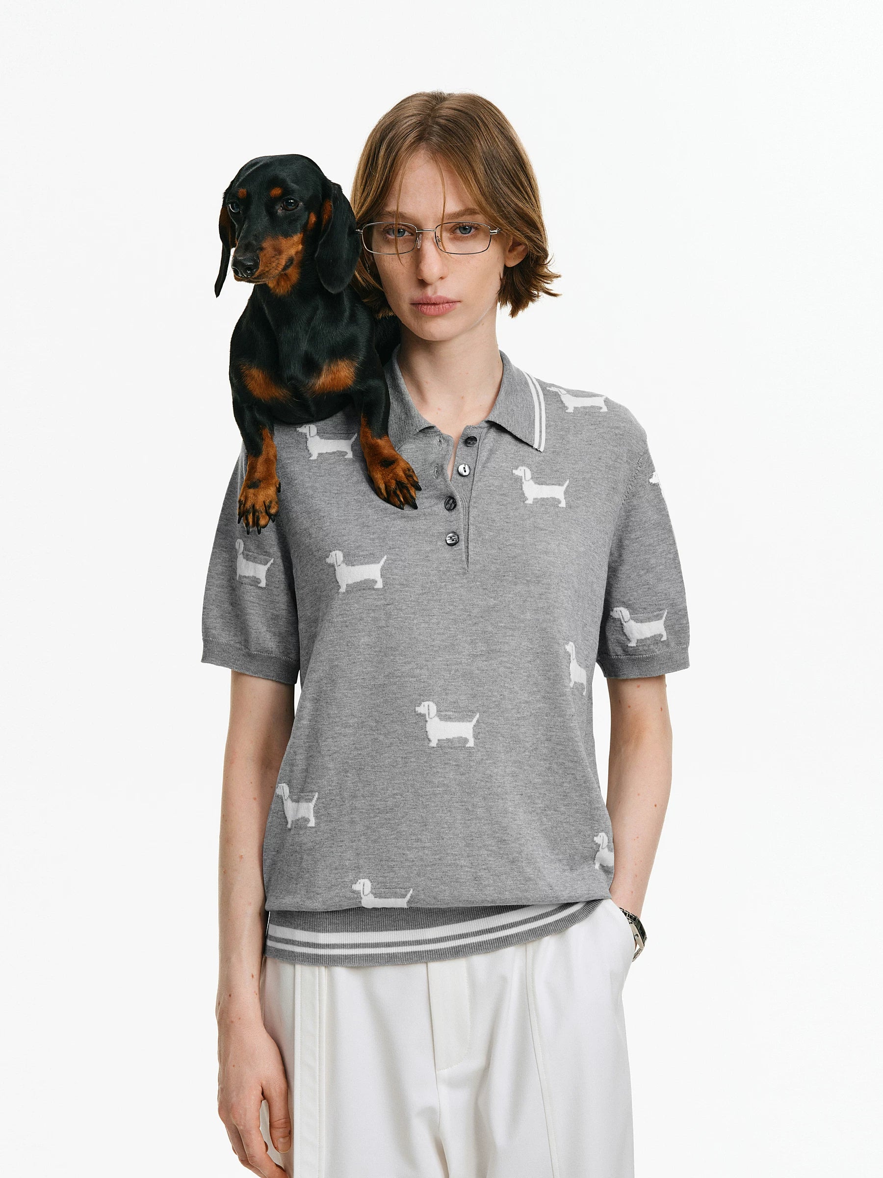 Dachshund Motif Knit Polo Shirt