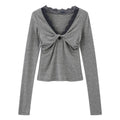 Lace-Trimmed Twist-Front Long Sleeve Top