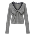 Lace-Trimmed Twist-Front Long Sleeve Top