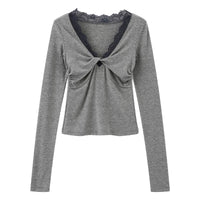 Lace-Trimmed Twist-Front Long Sleeve Top