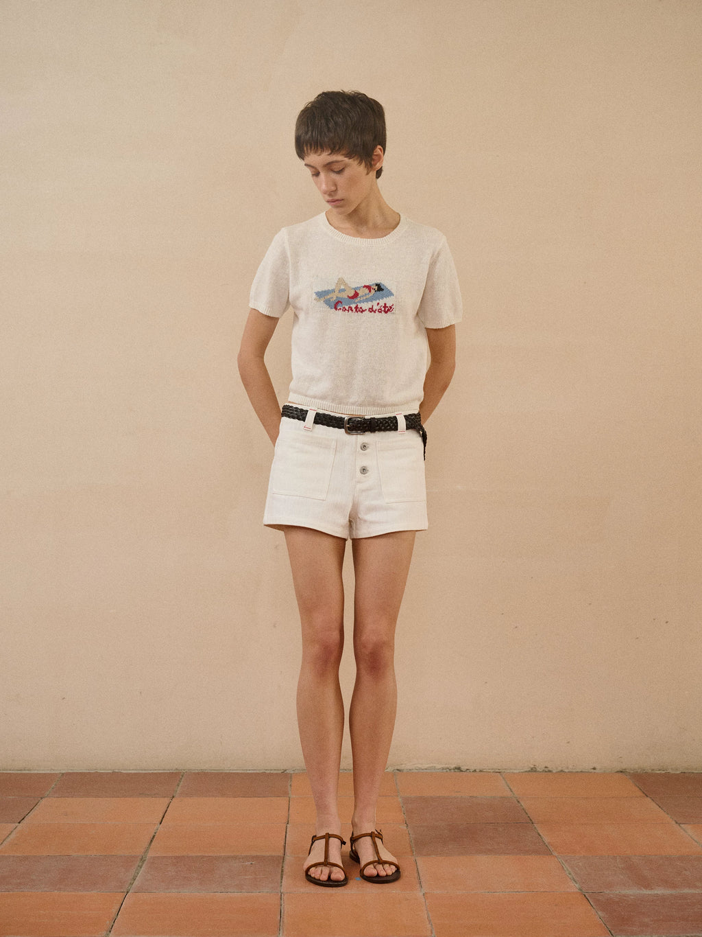 Jacquard Knit Cropped Graphic T-Shirt