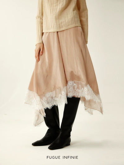 Shell Pink Asymmetrical Lace Hem Skirt
