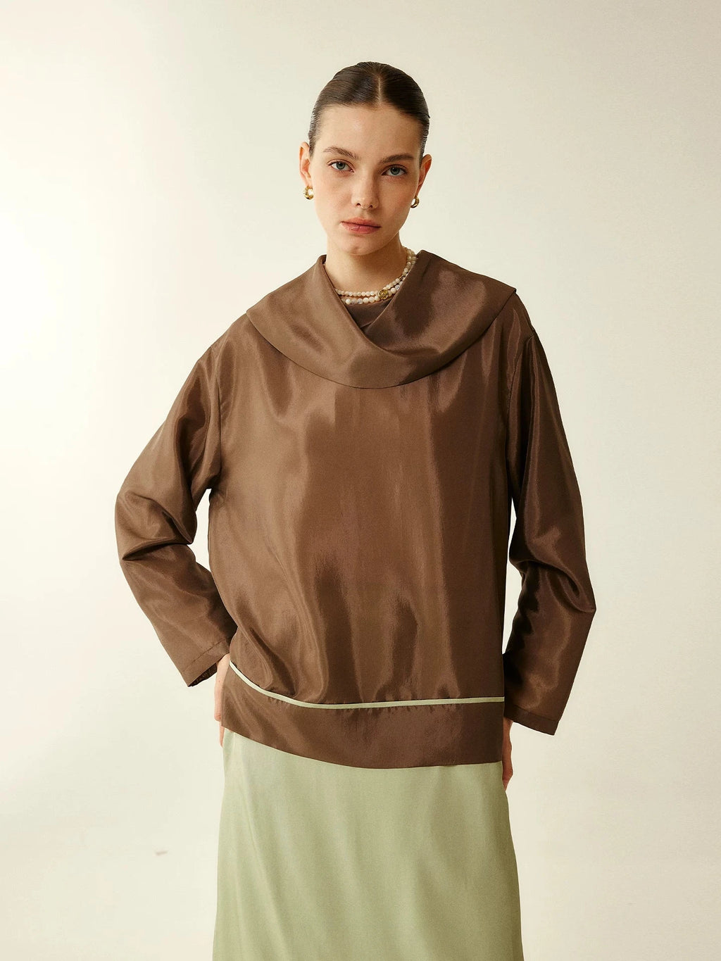 Satin Cowl Neck Long Sleeve Top