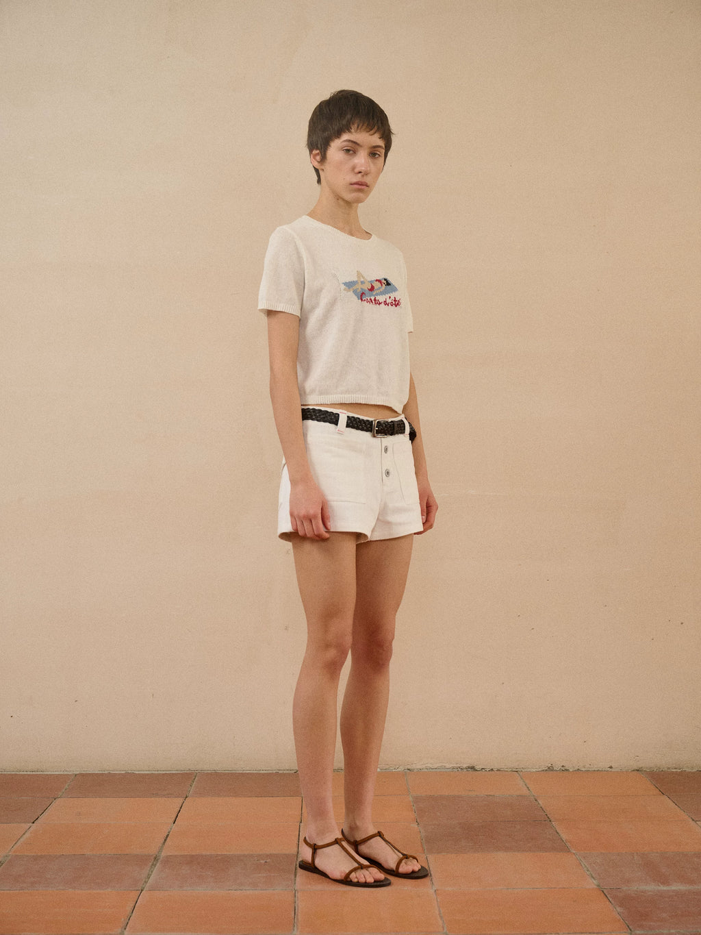 Jacquard Knit Cropped Graphic T-Shirt