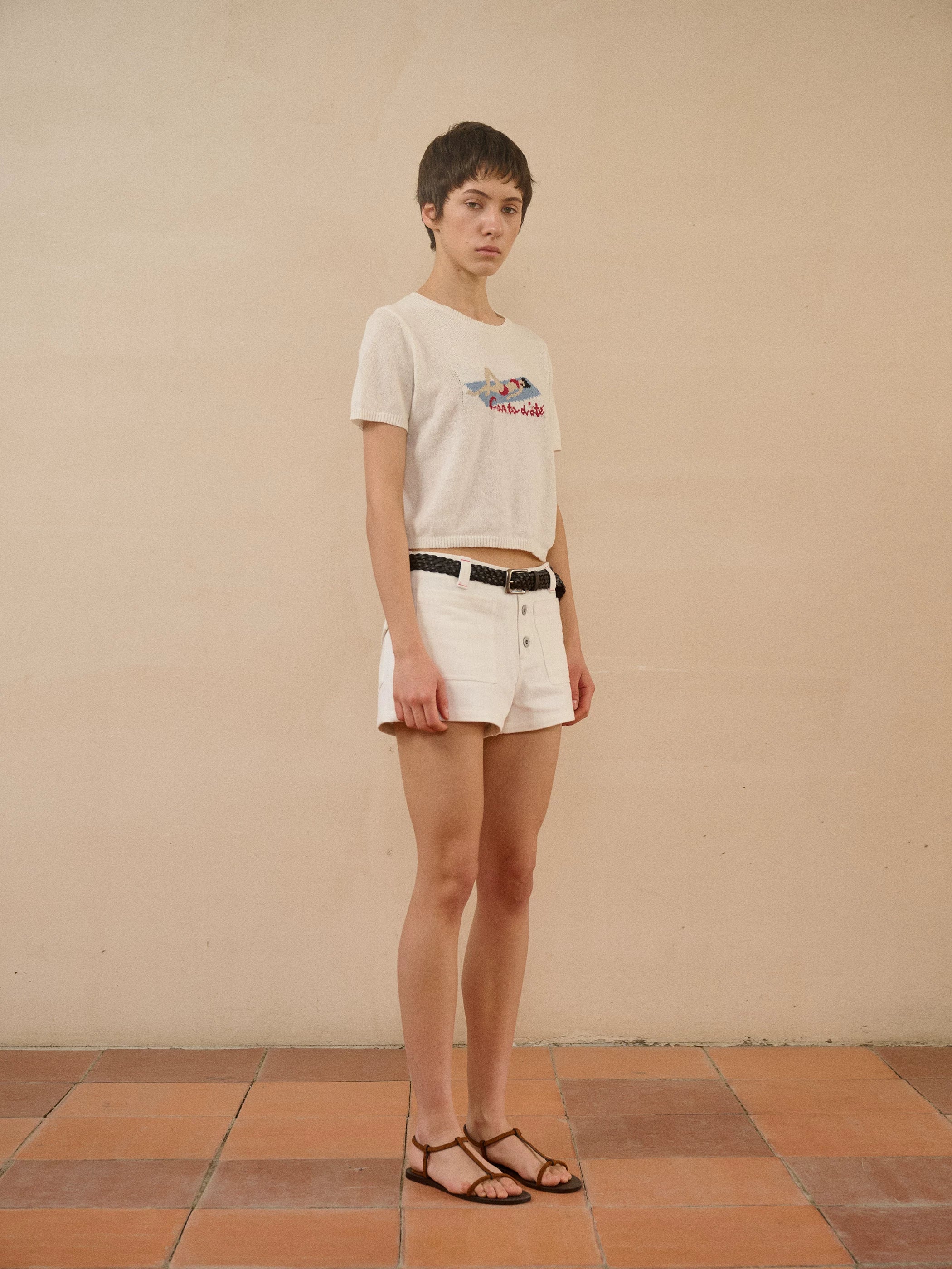 Jacquard Knit Cropped Graphic T-Shirt