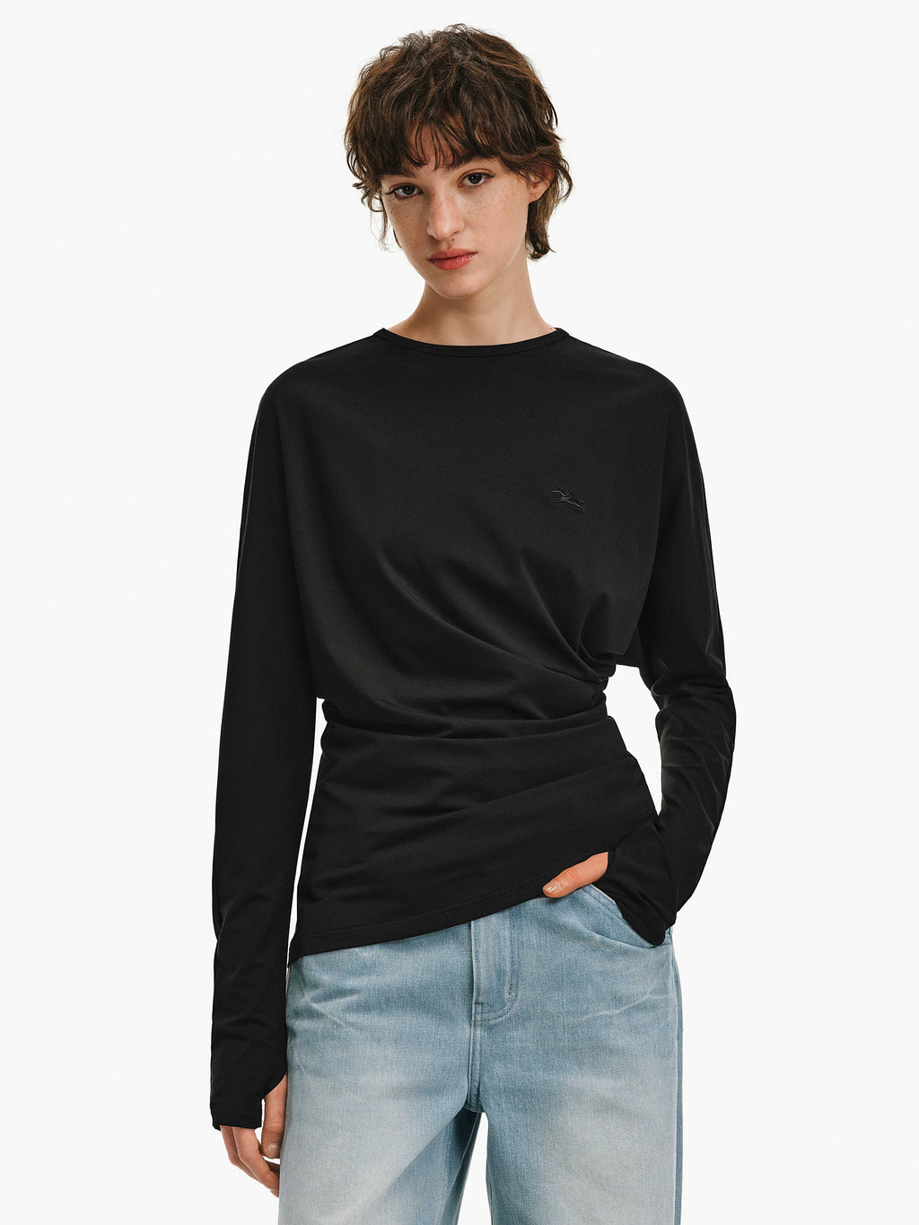 Pleated Batwing Long Sleeve Top