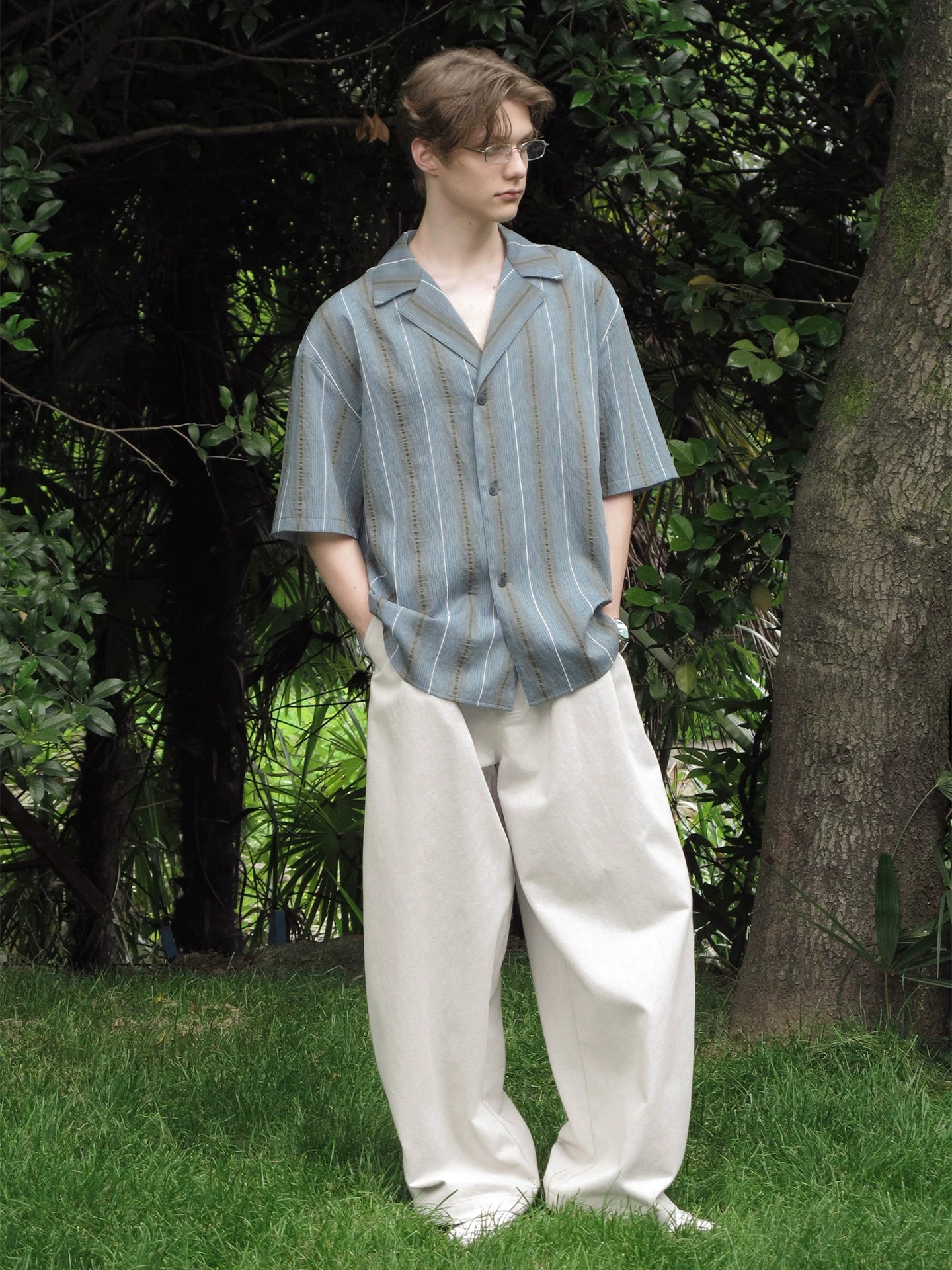 Striped Tencel Camp Collar Shirt