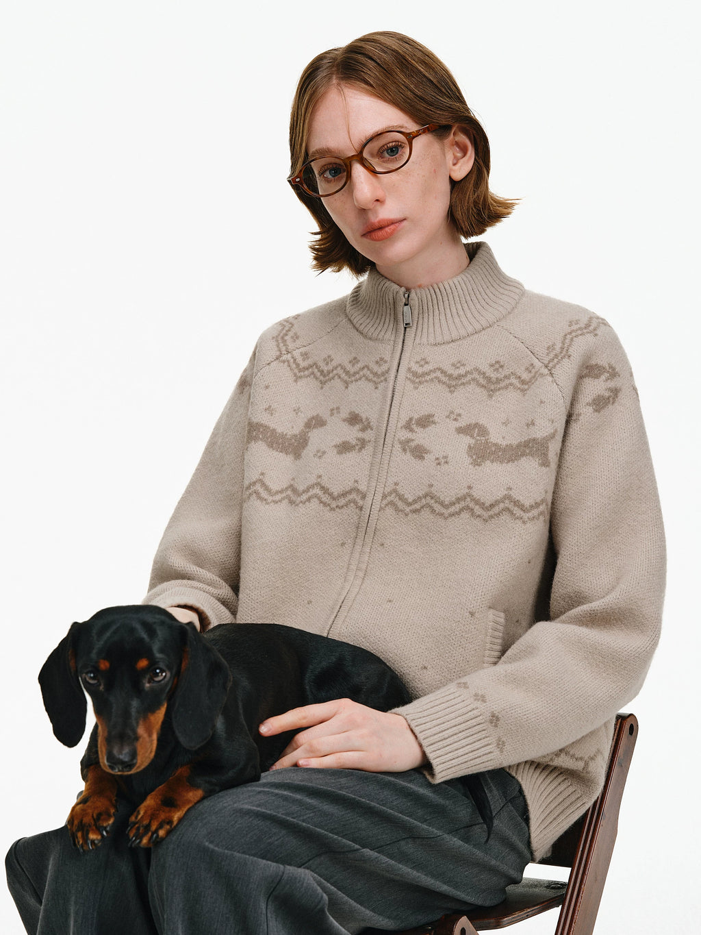 Fair Isle Dachshund Zip-Up Sweater