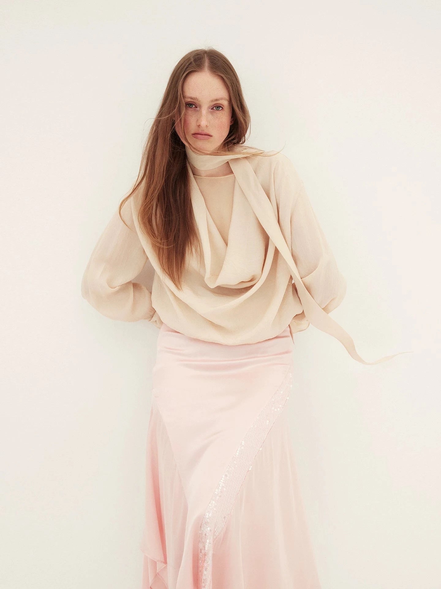 Triacetate Ribbon-Tie Draped Blouse
