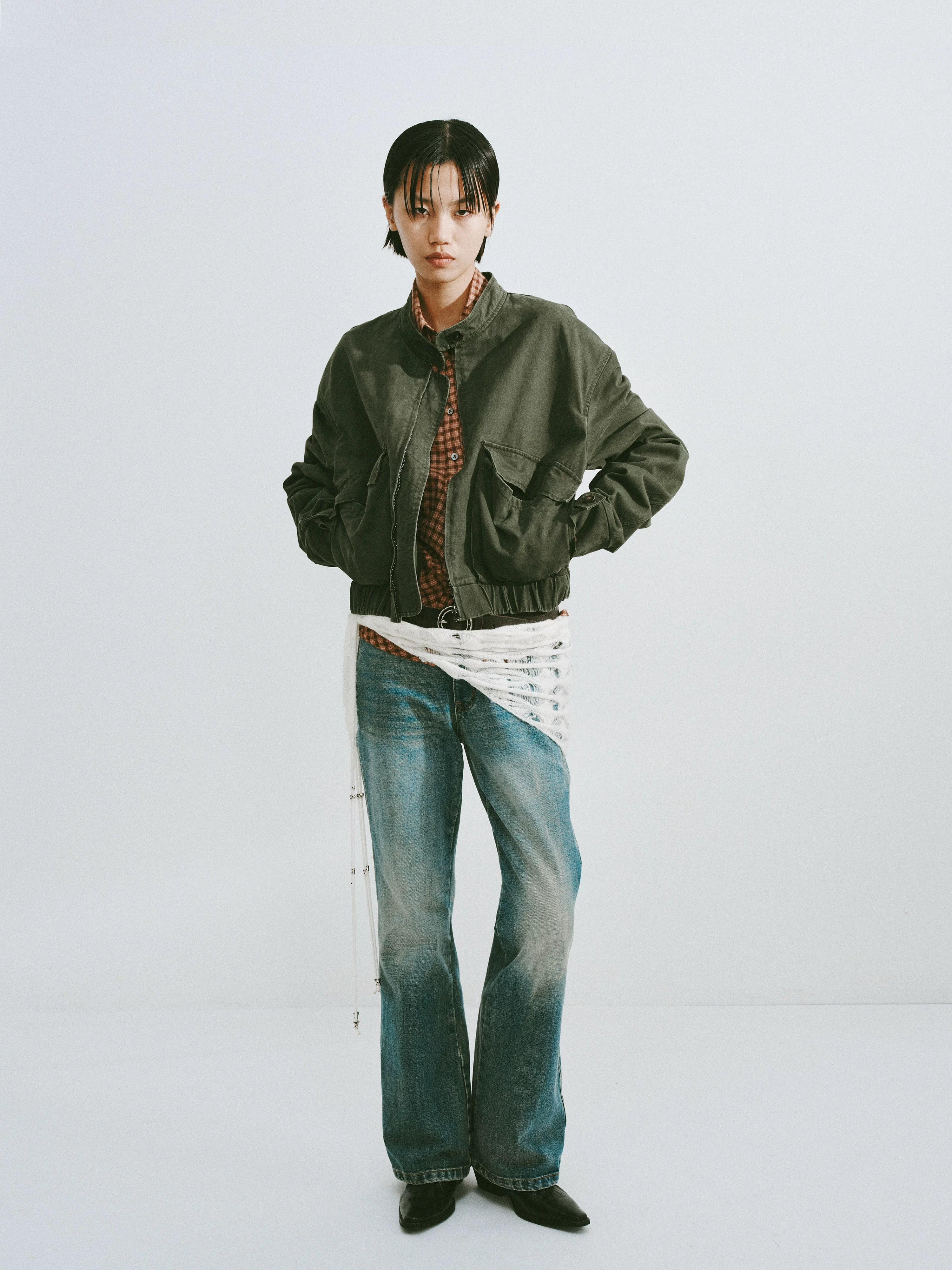 Washed Cotton Stand-Collar Bomber Jacket