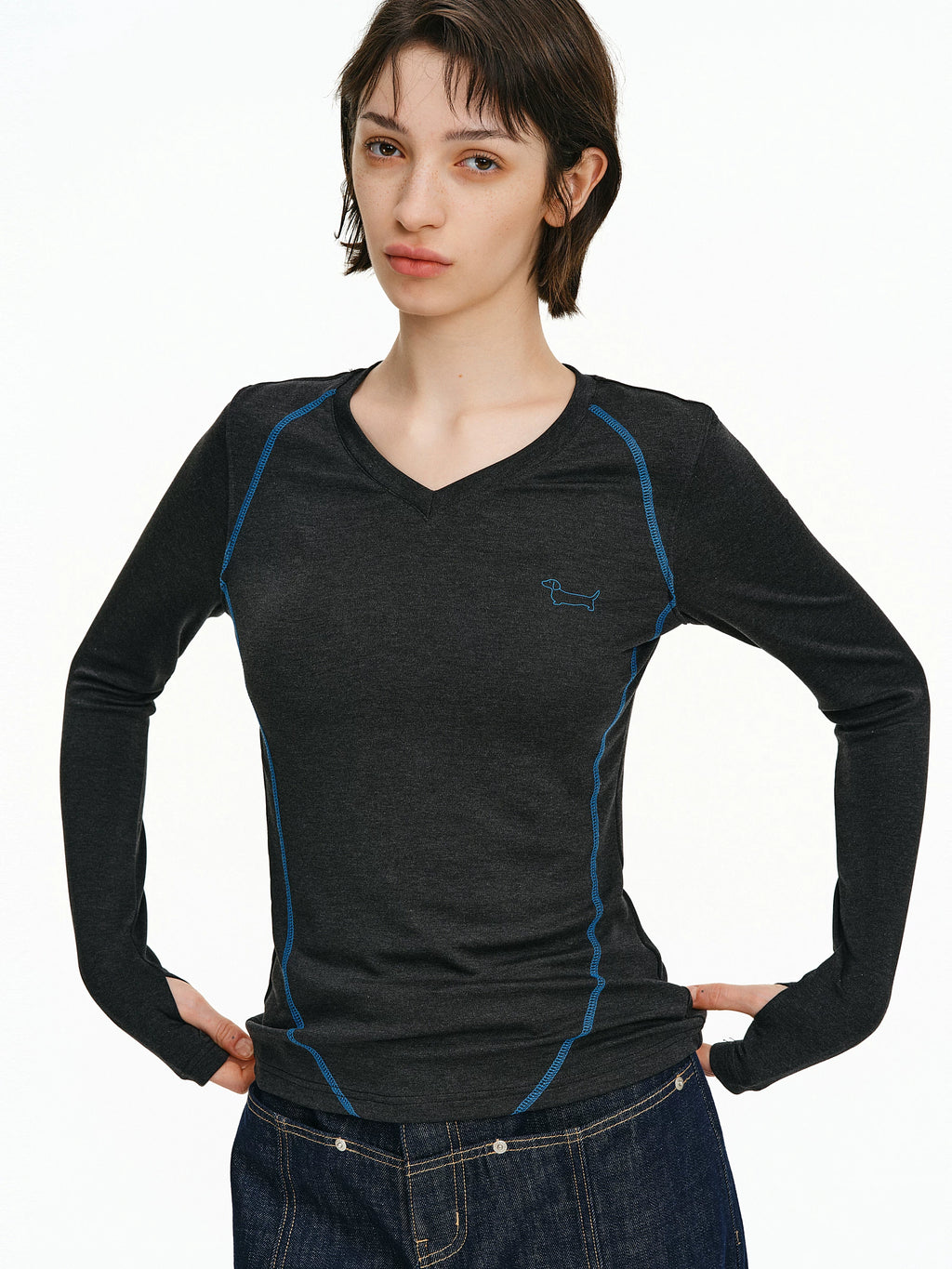 Contrast Stitch V-Neck Long Sleeve Top
