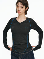 Contrast Stitch V-Neck Long Sleeve Top