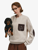 Horse Motif Color-Block Henley Sweatshirt