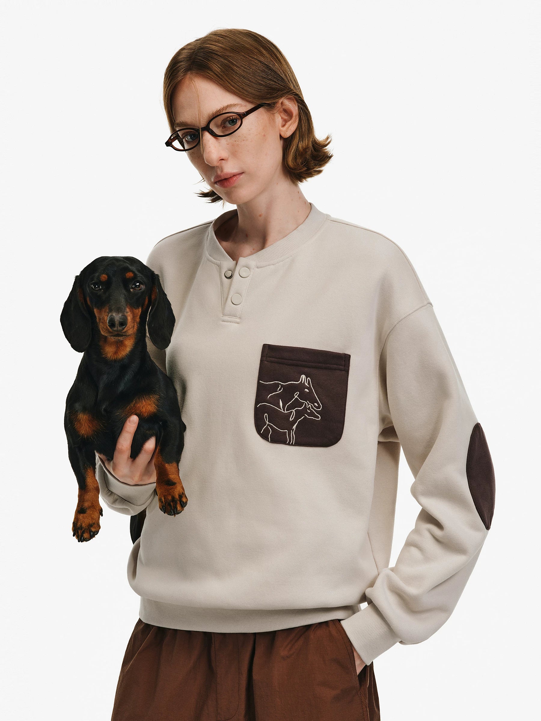 Horse Motif Color-Block Henley Sweatshirt