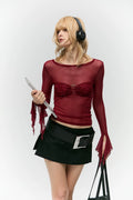 Asymwe Niche Design Sexy Slim-Fit Base Layer with Lace Stitching Red Mesh Long-Sleeve T-Shirt for Women with a High-End Feel