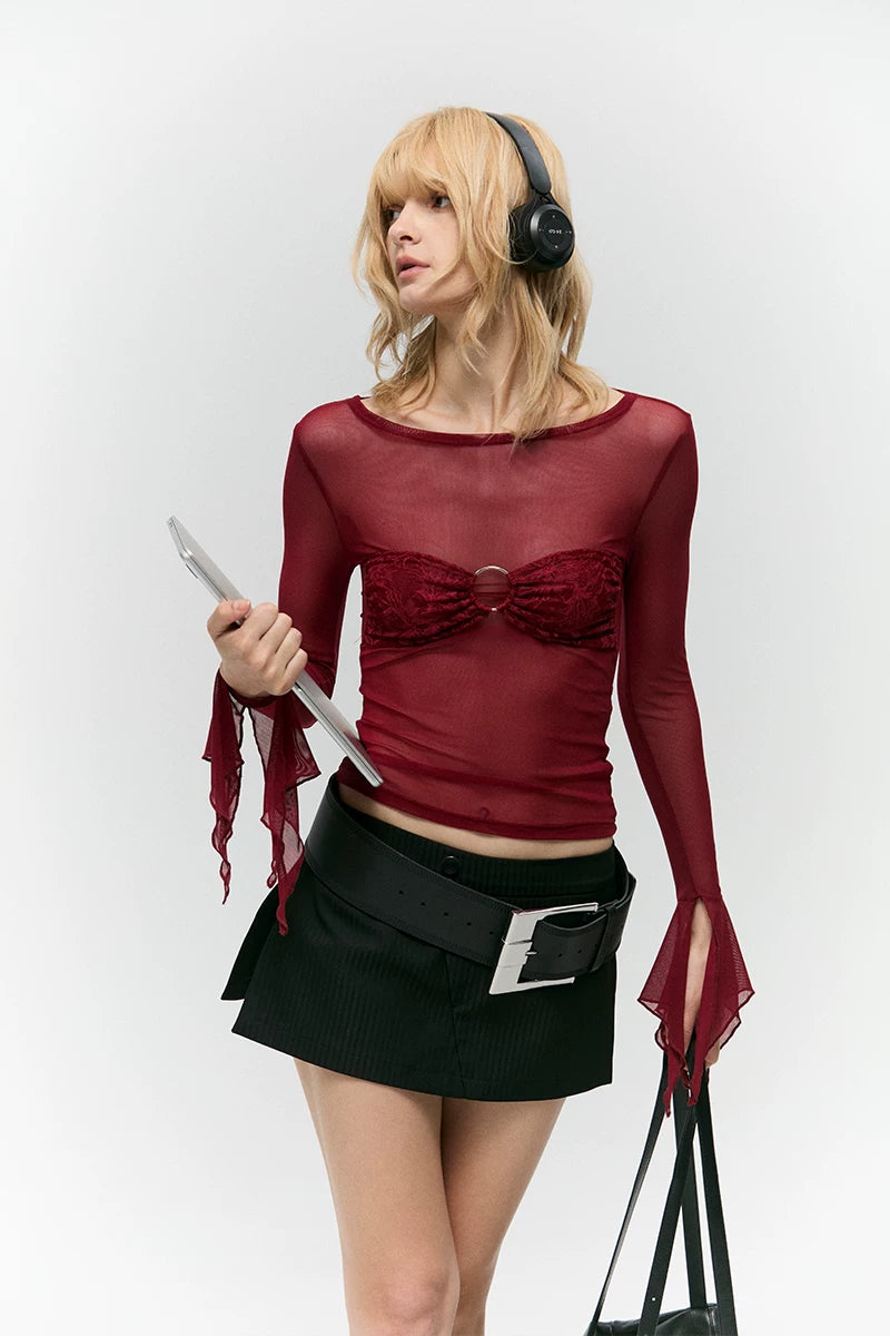 Asymwe Niche Design Sexy Slim-Fit Base Layer with Lace Stitching Red Mesh Long-Sleeve T-Shirt for Women with a High-End Feel