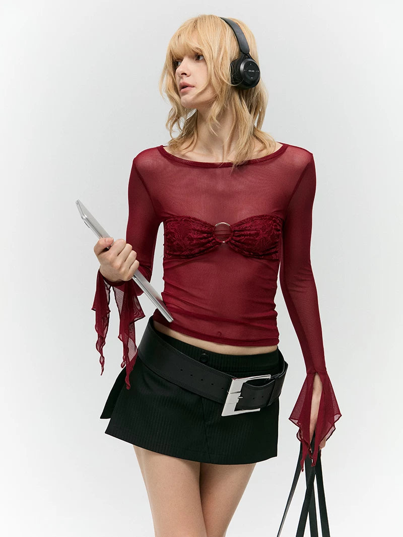 Asymwe Niche Design Sexy Slim-Fit Base Layer with Lace Stitching Red Mesh Long-Sleeve T-Shirt for Women with a High-End Feel