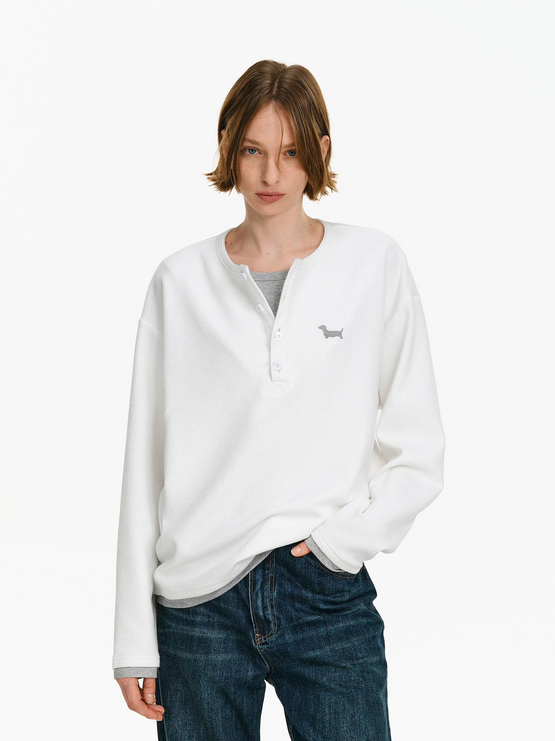 Embroidered Waffle Knit Henley