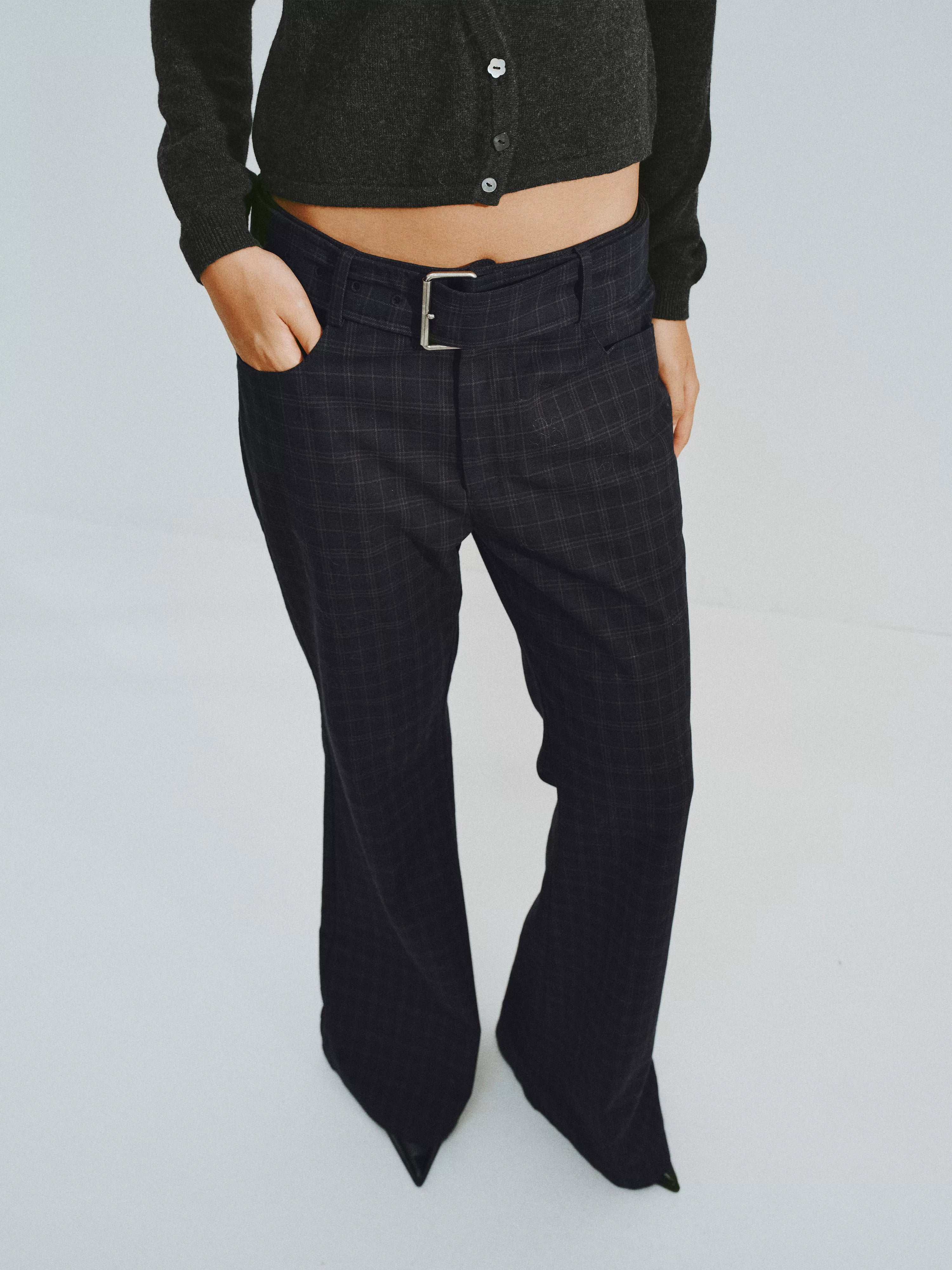 Plaid Flared Trousers With Draped Waist