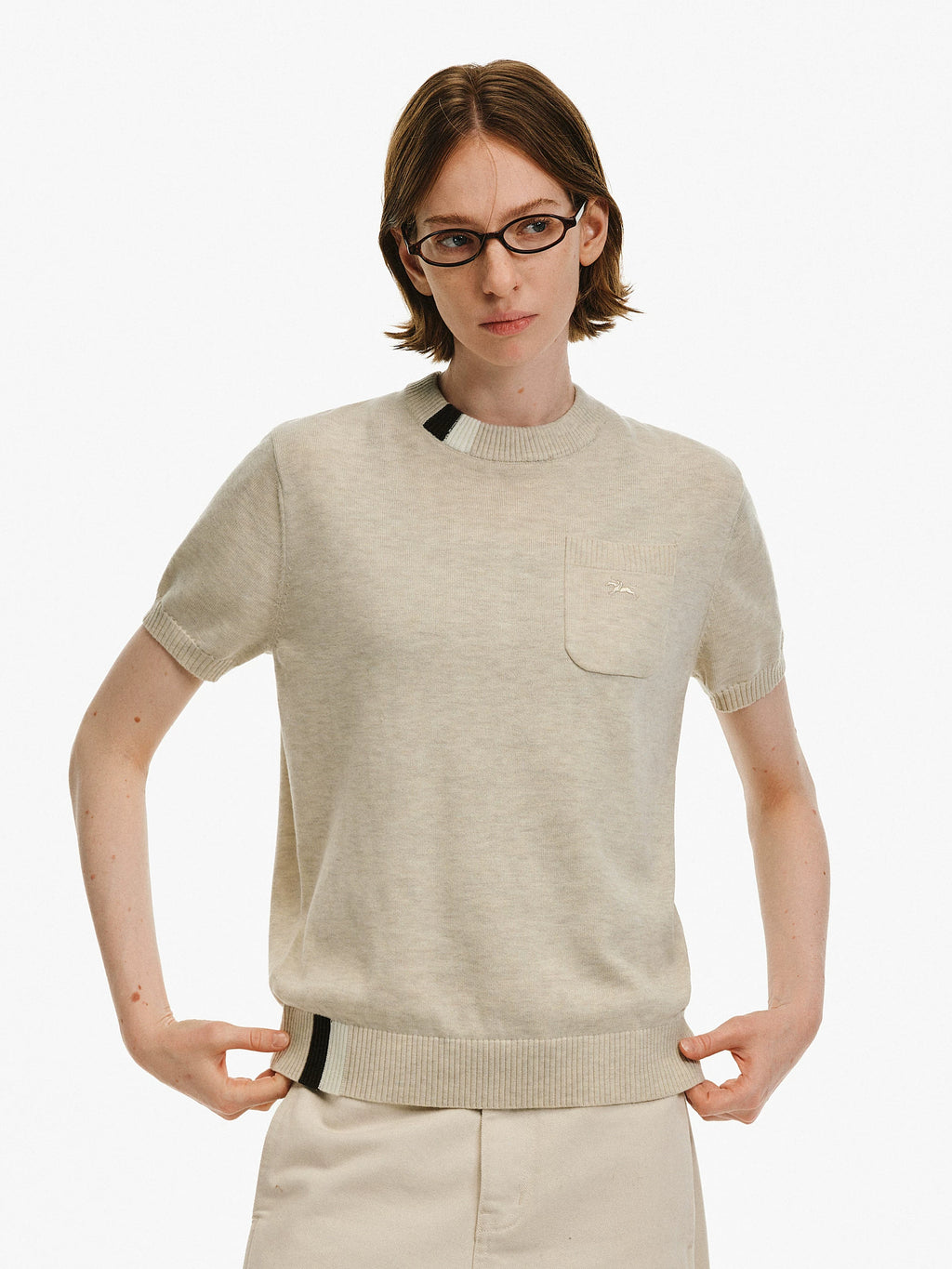 Wool Blend Embroidered Pocket Knit Top