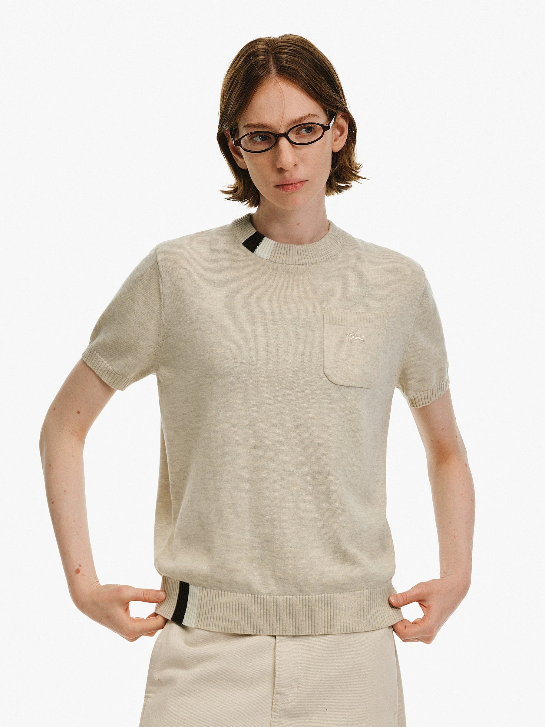 Wool Blend Embroidered Pocket Knit Top