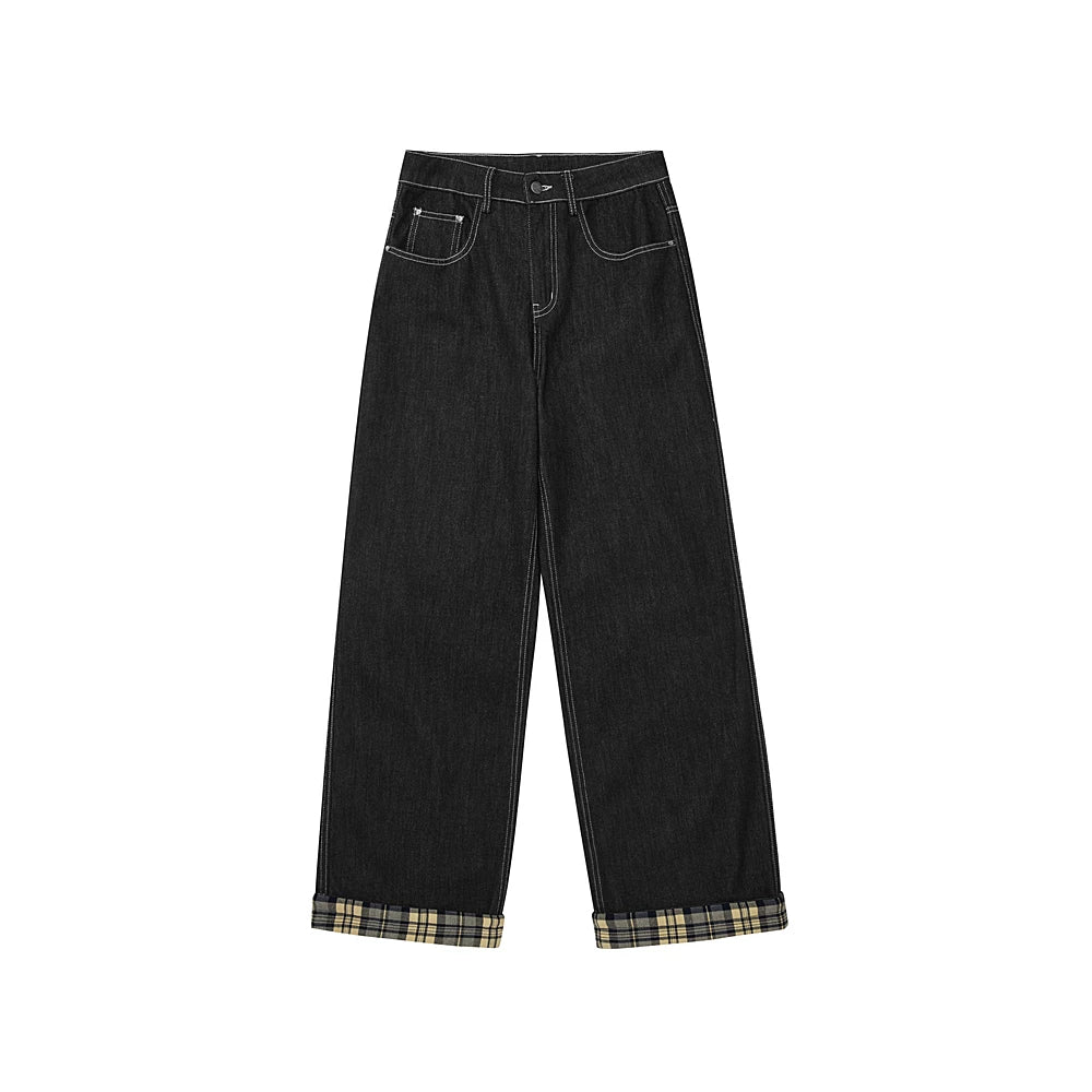 Contrast Stitch Plaid Cuff Wide-Leg Jeans