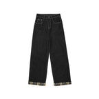 Contrast Stitch Plaid Cuff Wide-Leg Jeans