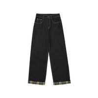 Contrast Stitch Plaid Cuff Wide-Leg Jeans