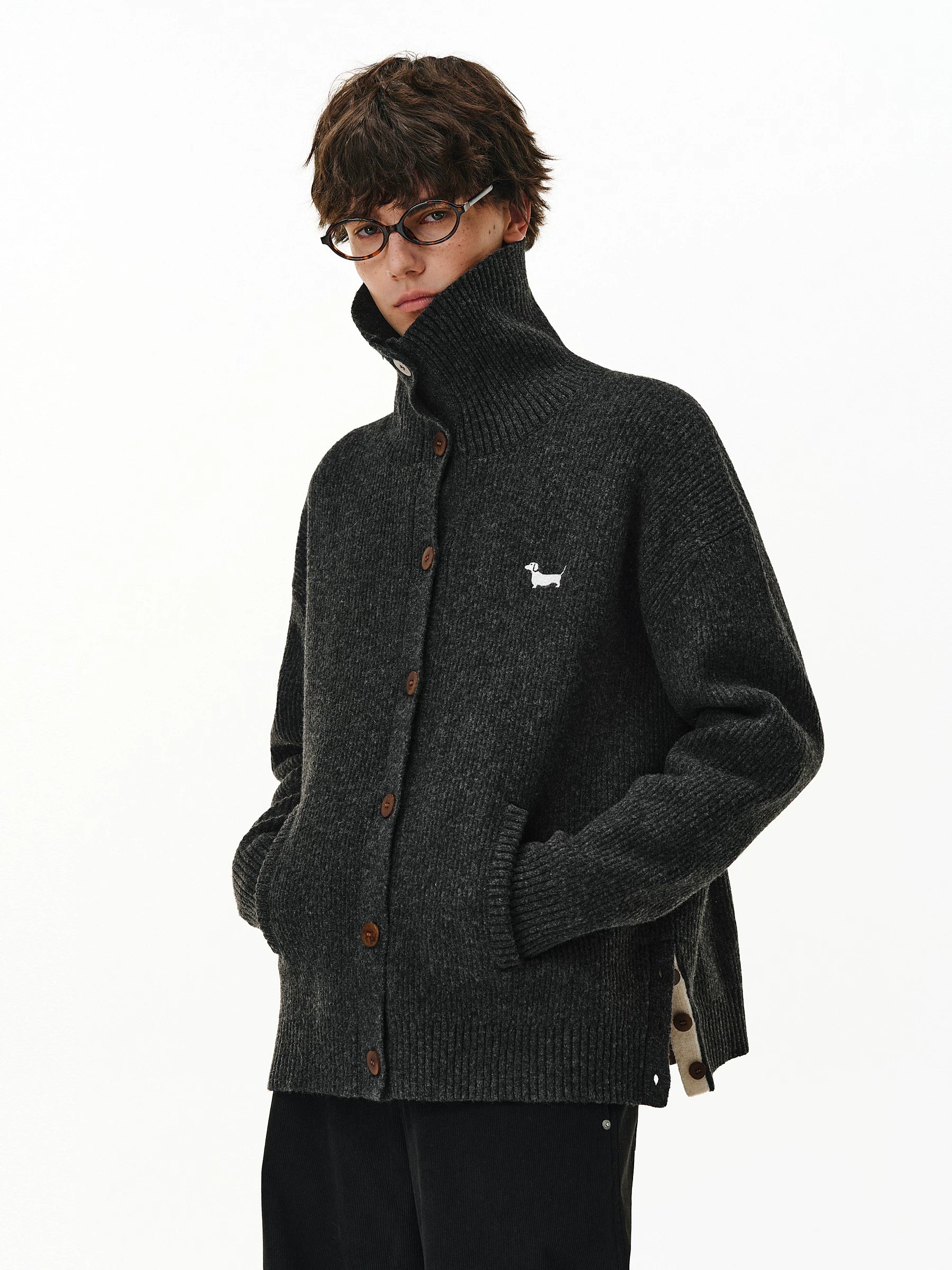 Wool Blend Embroidered Turtleneck Cardigan