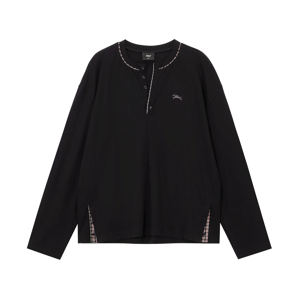 Plaid Trim Embroidered Henley Shirt