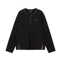 Plaid Trim Embroidered Henley Shirt