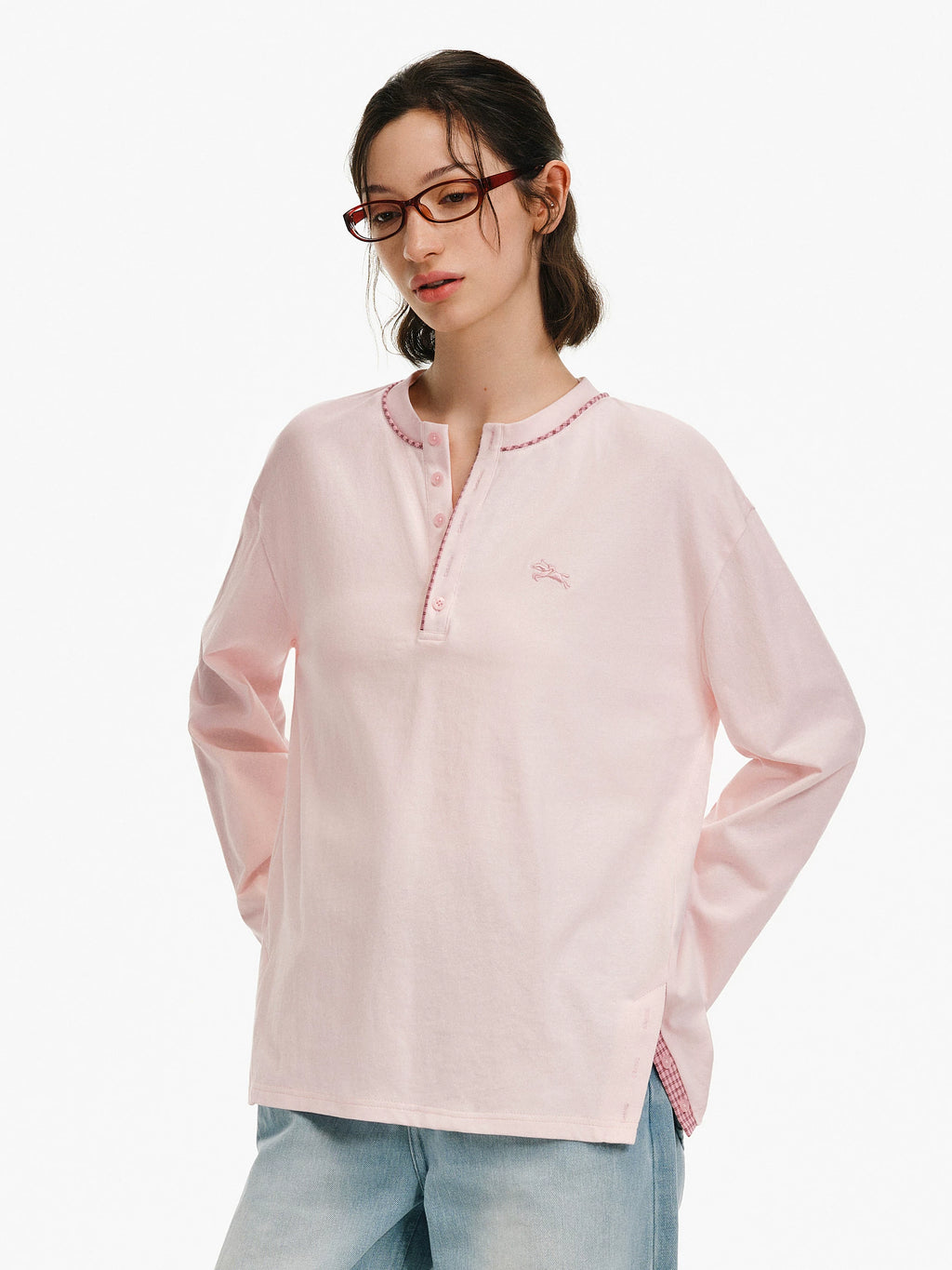 Plaid Trim Embroidered Henley Shirt