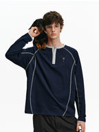 Contrast Stitch Henley Long-Sleeve Top