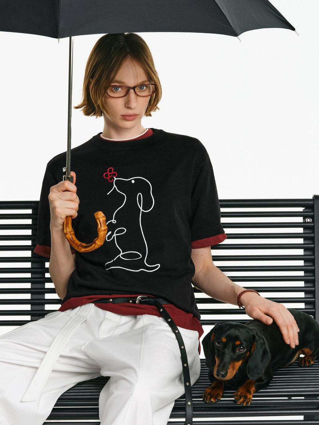 Embroidered Wool Short-Sleeve Knit Top