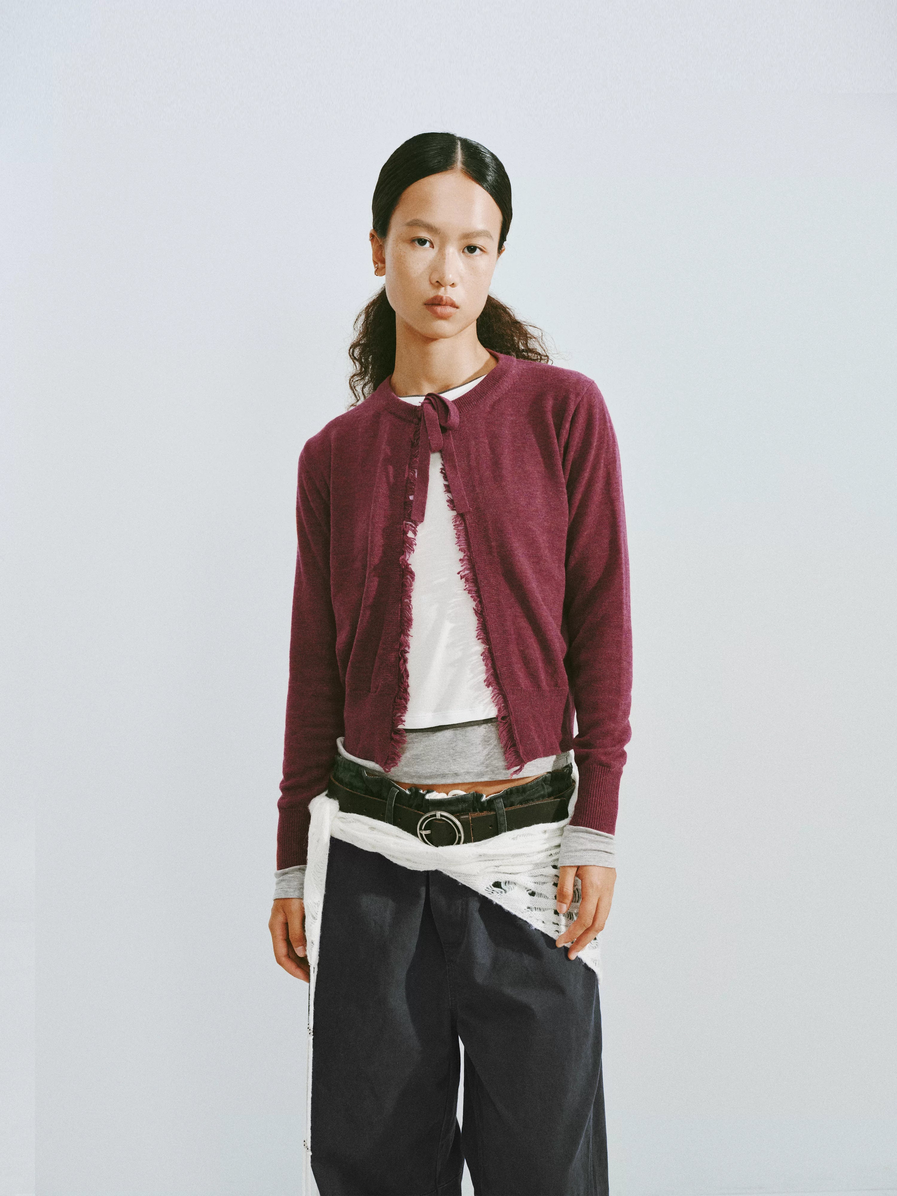 Fringed Wool Blend Tie-Front Cardigan