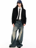 Asymwe Retro Washed Ripped Loose Fit Scimitar Jeans Versatile Casual Banana Pants
