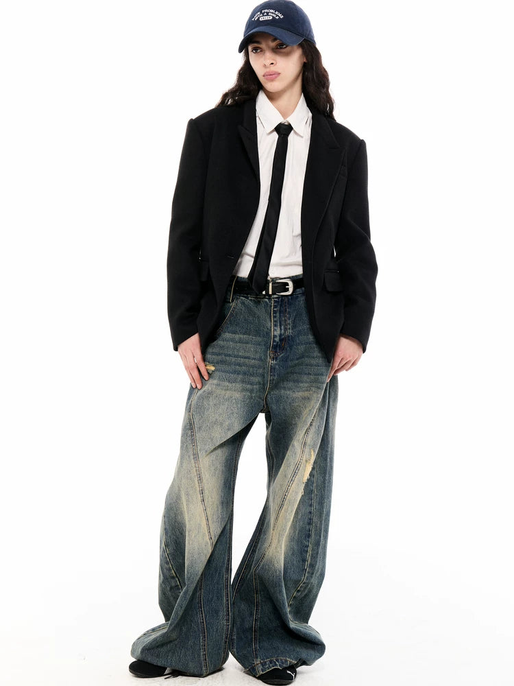 Asymwe Retro Washed Ripped Loose Fit Scimitar Jeans Versatile Casual Banana Pants