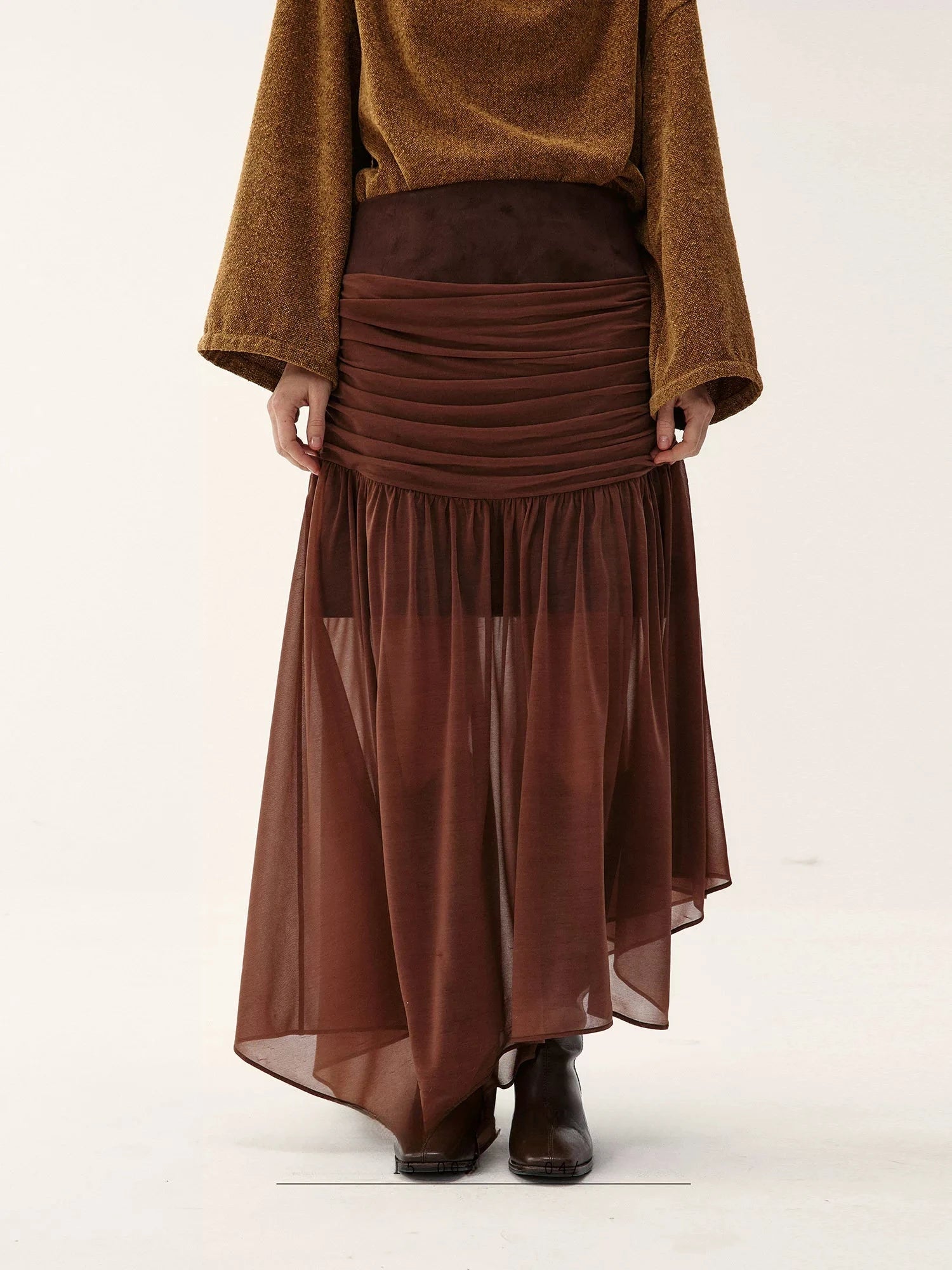 Suede And Chiffon Asymmetrical Midi Skirt