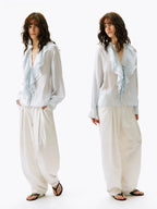 Ruffled V-Neck Striped Tencel Shirt