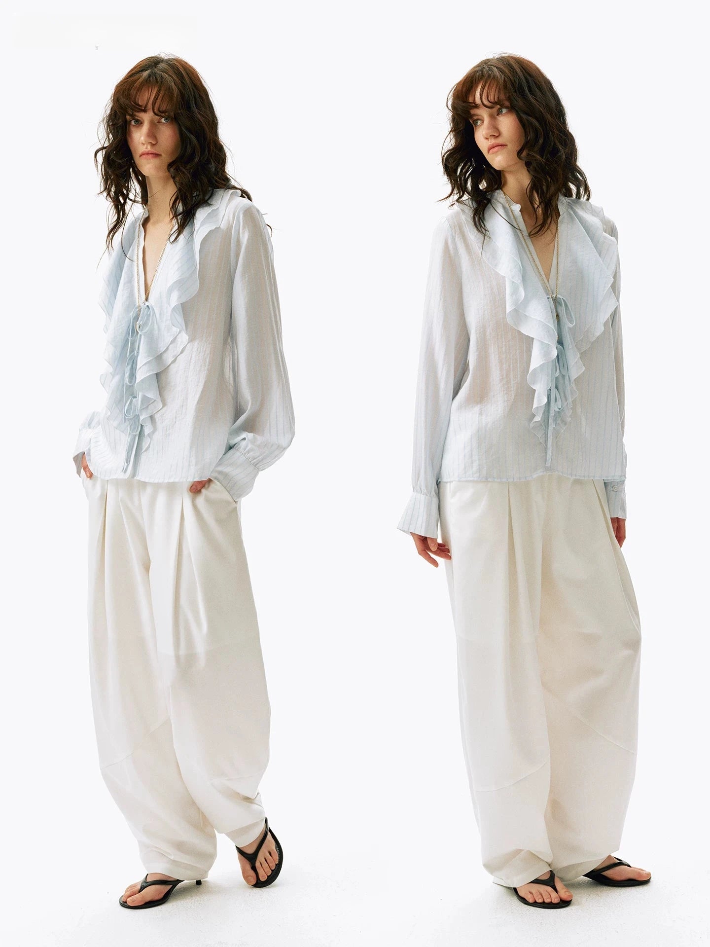 Ruffled V-Neck Striped Tencel Shirt