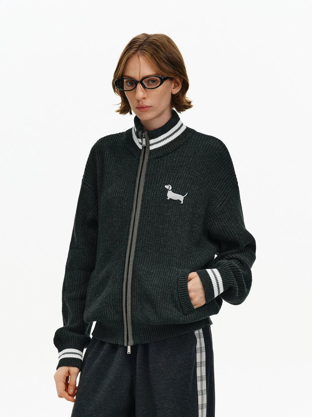 Embroidered Puppy Zip-Up Knit Cardigan