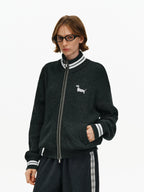 Embroidered Puppy Zip-Up Knit Cardigan
