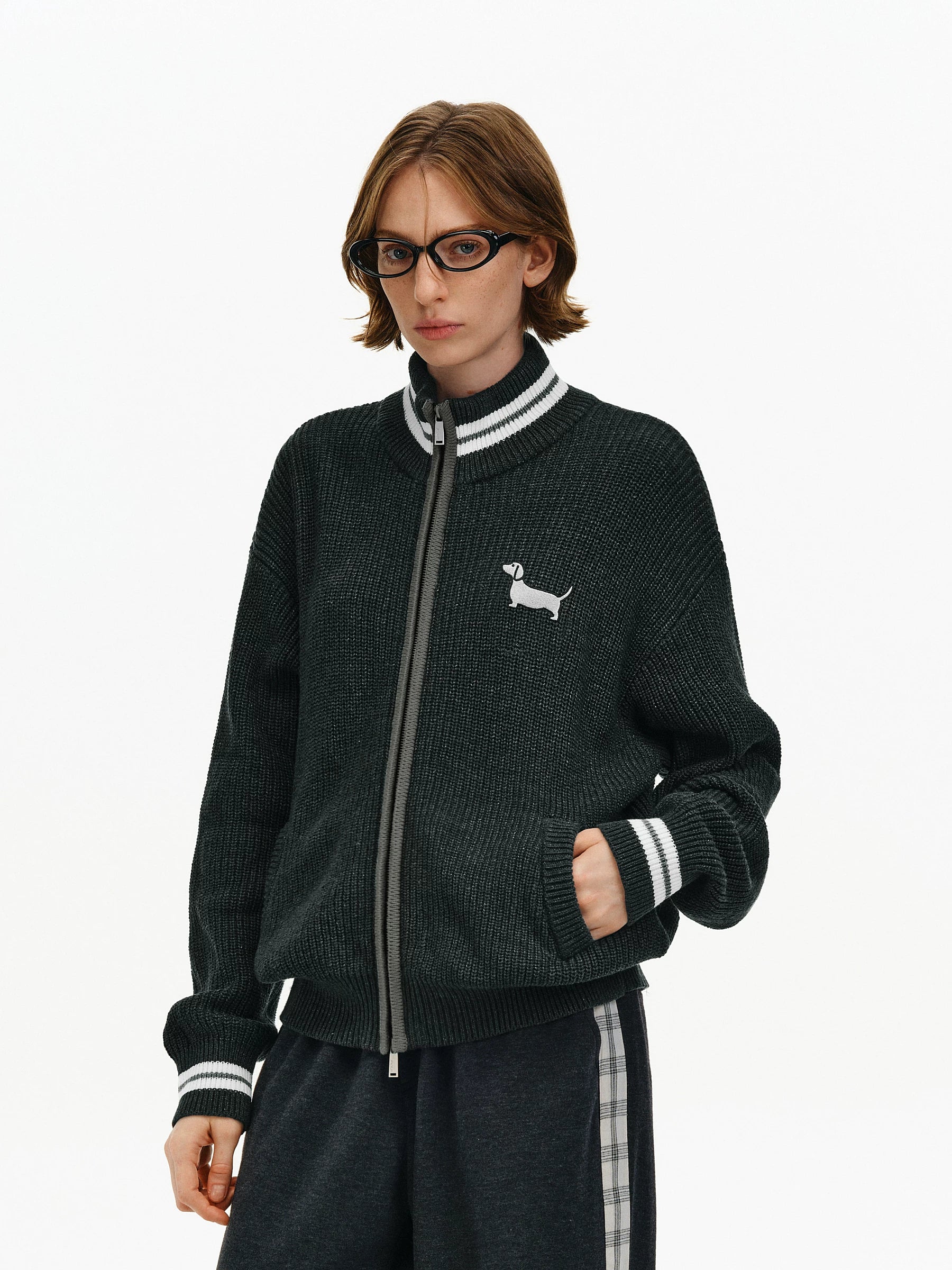 Embroidered Puppy Zip-Up Knit Cardigan