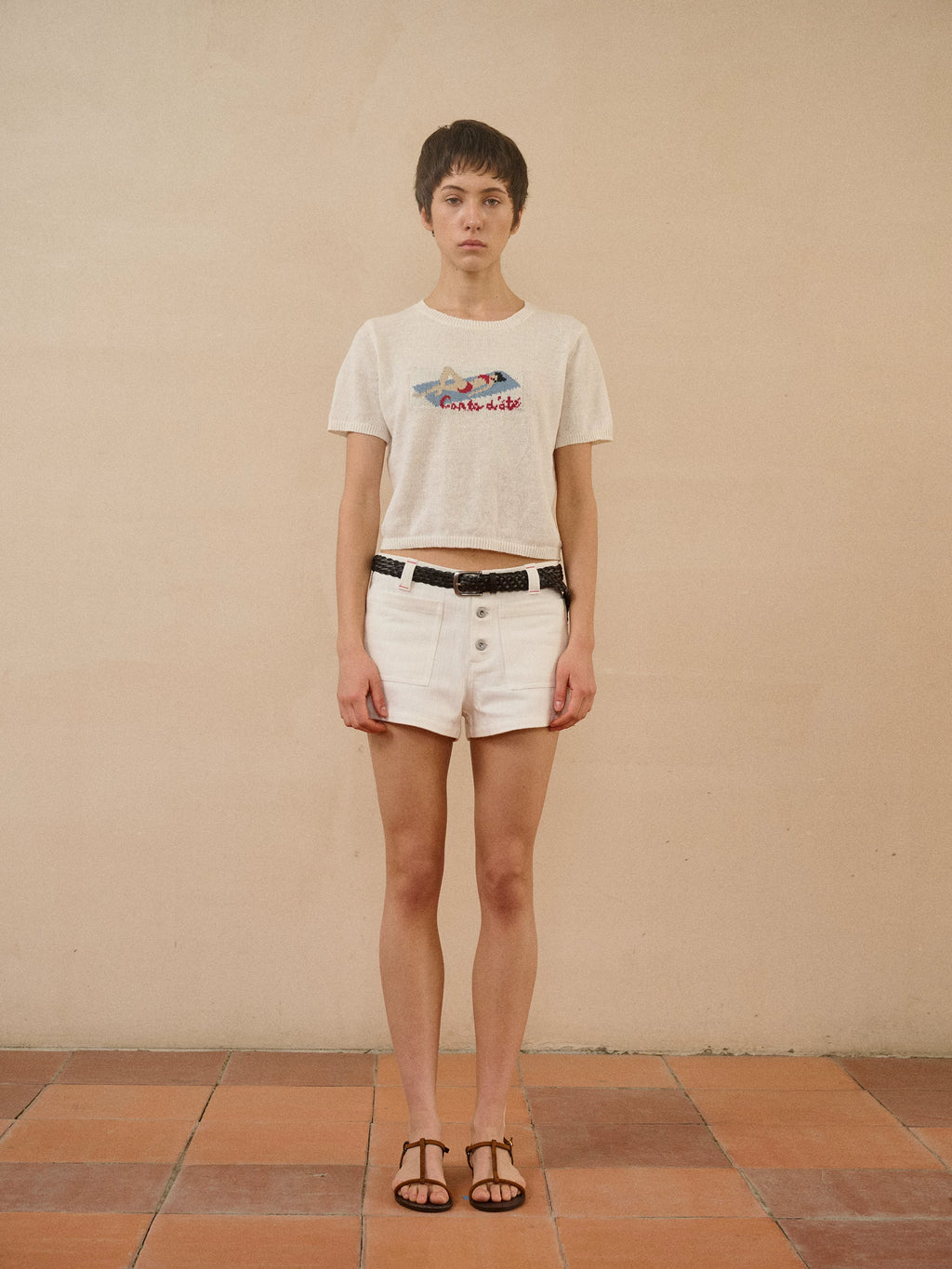 Jacquard Knit Cropped Graphic T-Shirt