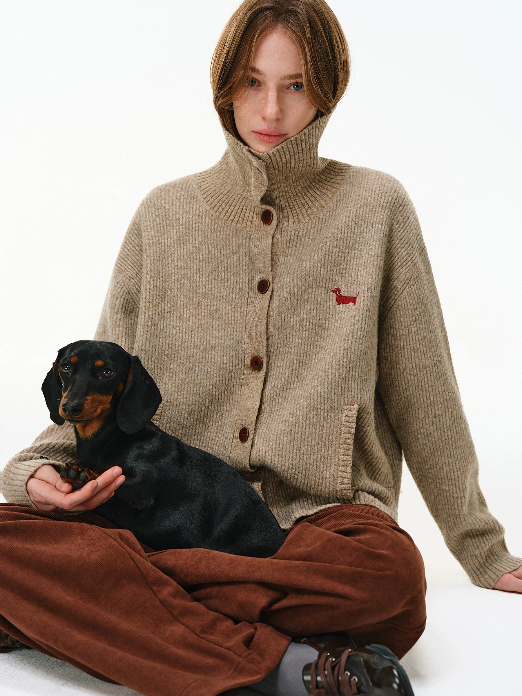 Wool Blend Embroidered Turtleneck Cardigan