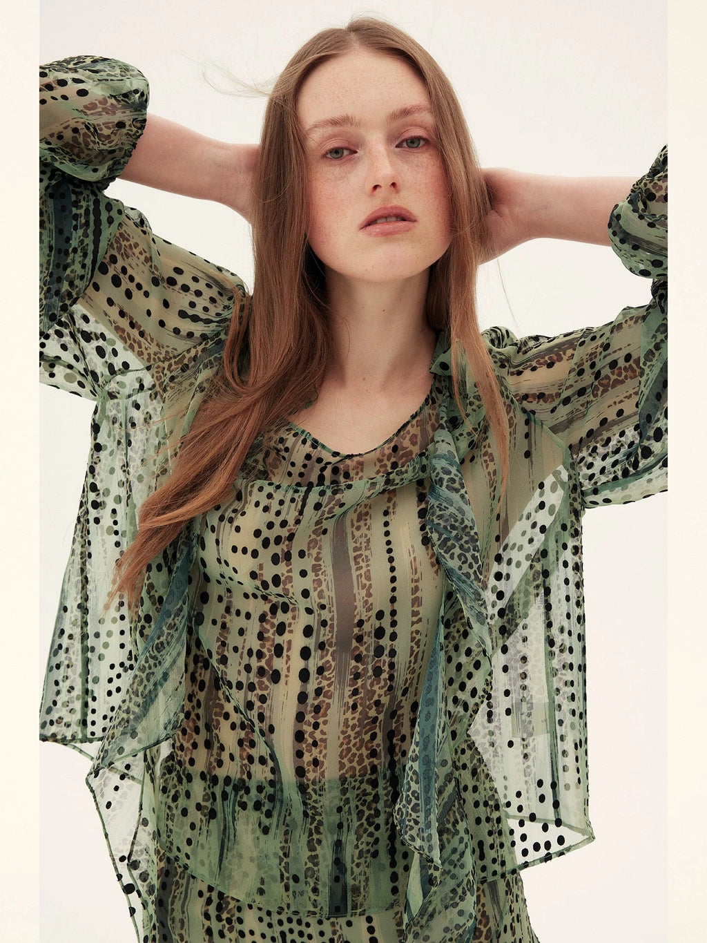 Sheer Leopard Print Ruffle Blouse