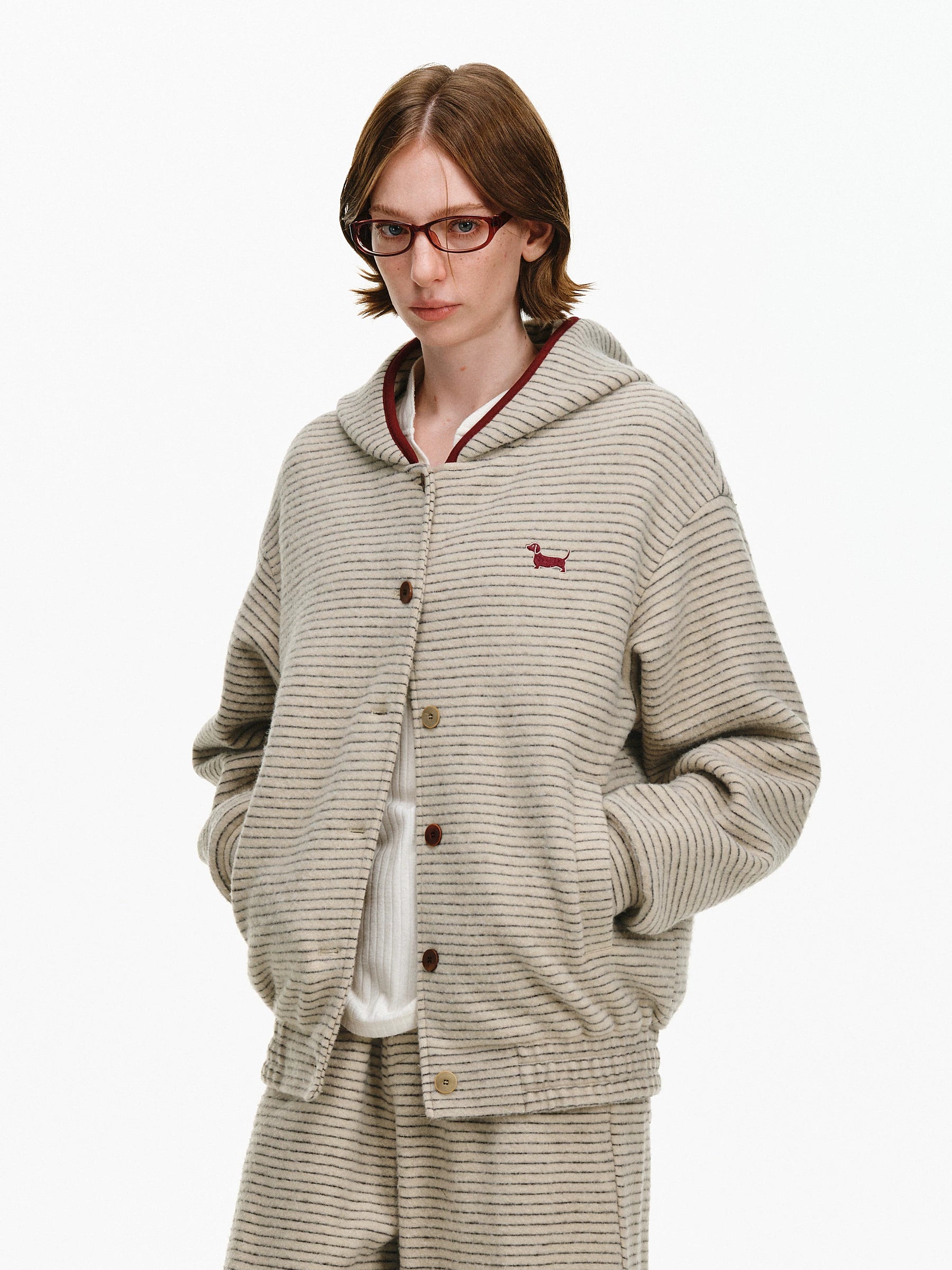 Striped Puppy Embroidered Hooded Cardigan