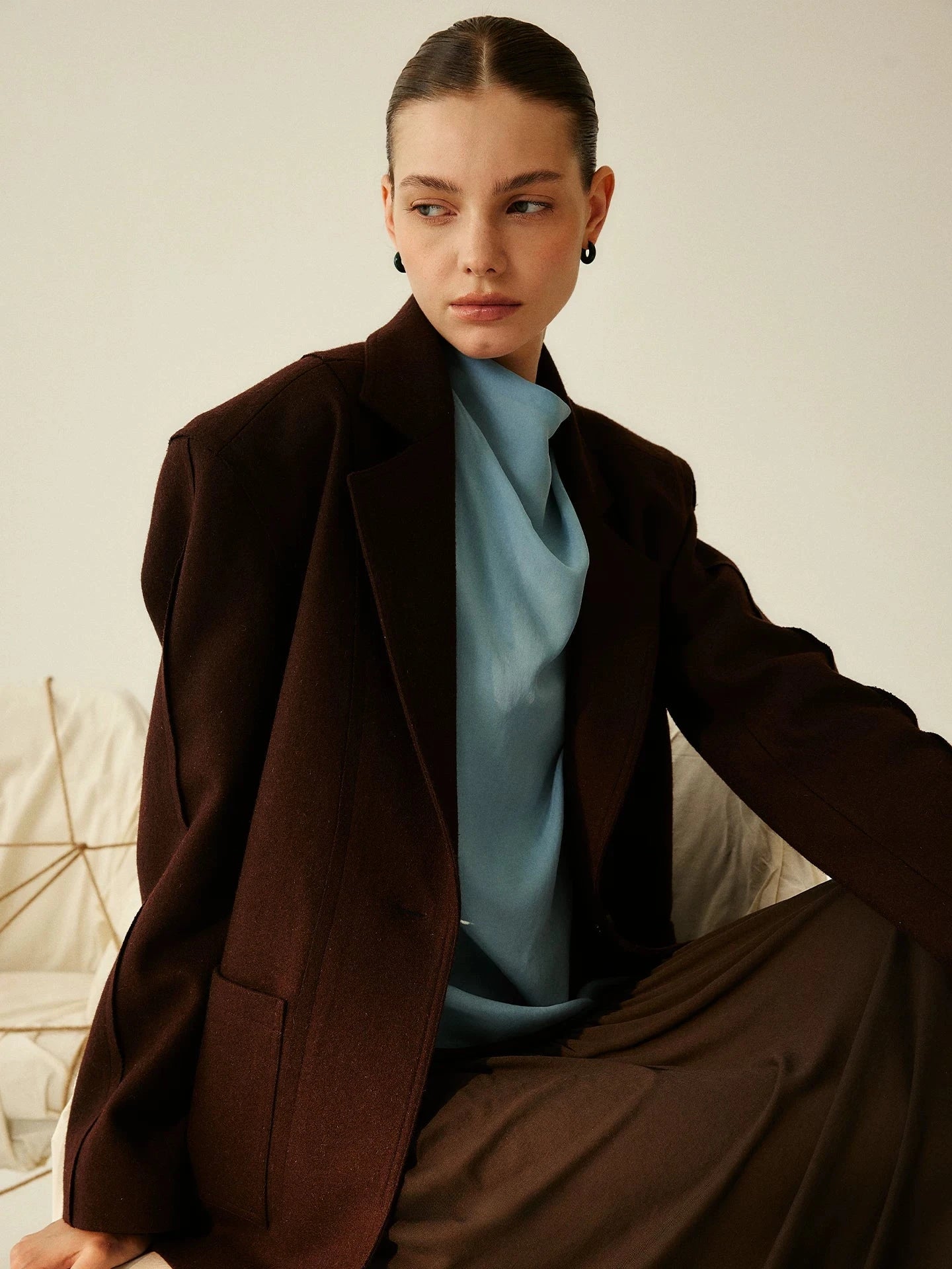 Sky Blue Mock Neck Silk Blouse