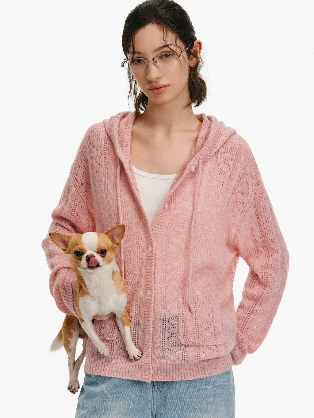 Hollow-Knit Hooded Cardigan